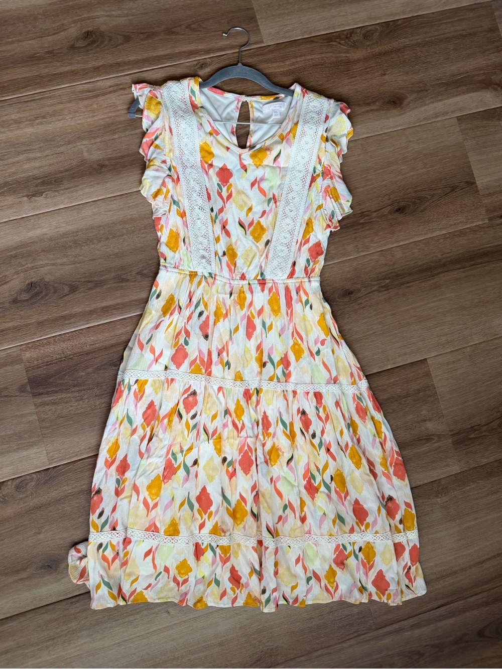 LC Lauren Conrad Cream Midi Dress with Coral & Yellow Print